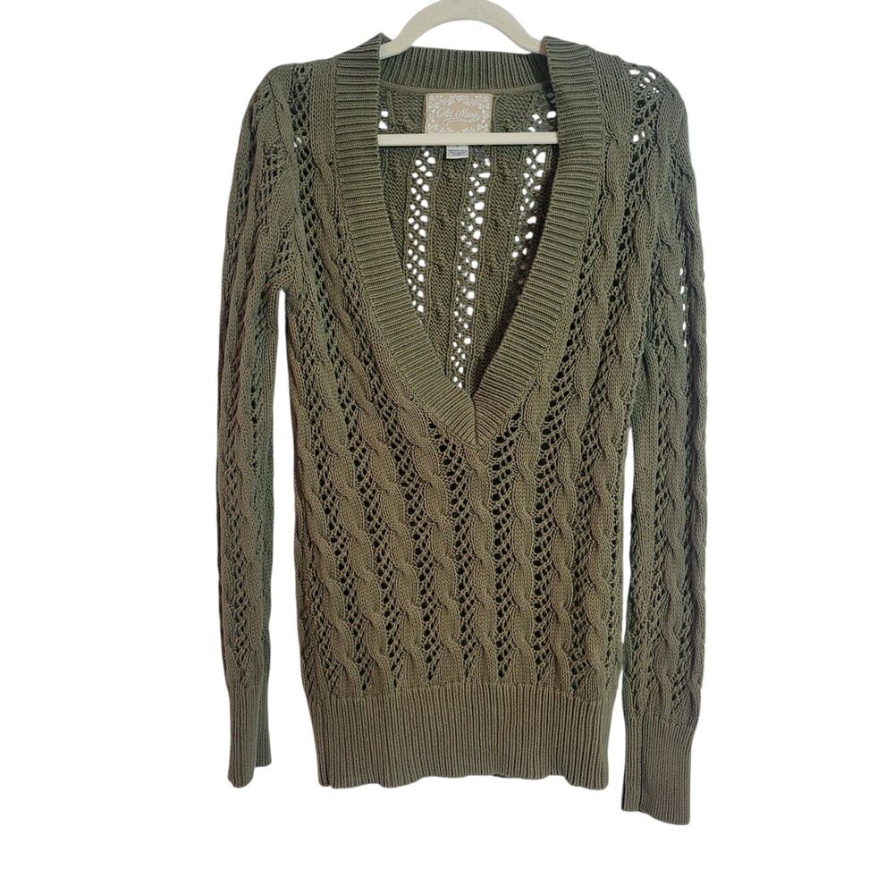 Y2K Loose Open‎ Knit Deep V Neck Long Sweater Green Old Navy Women's Size Medium